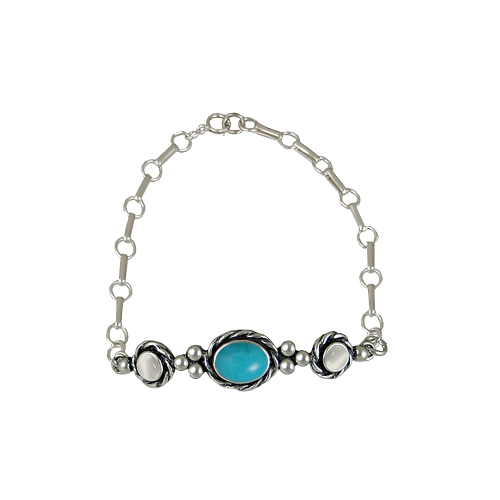 Sterling Silver Gemstone Adjustable Chain Bracelet With Turquoise And White Moonstone